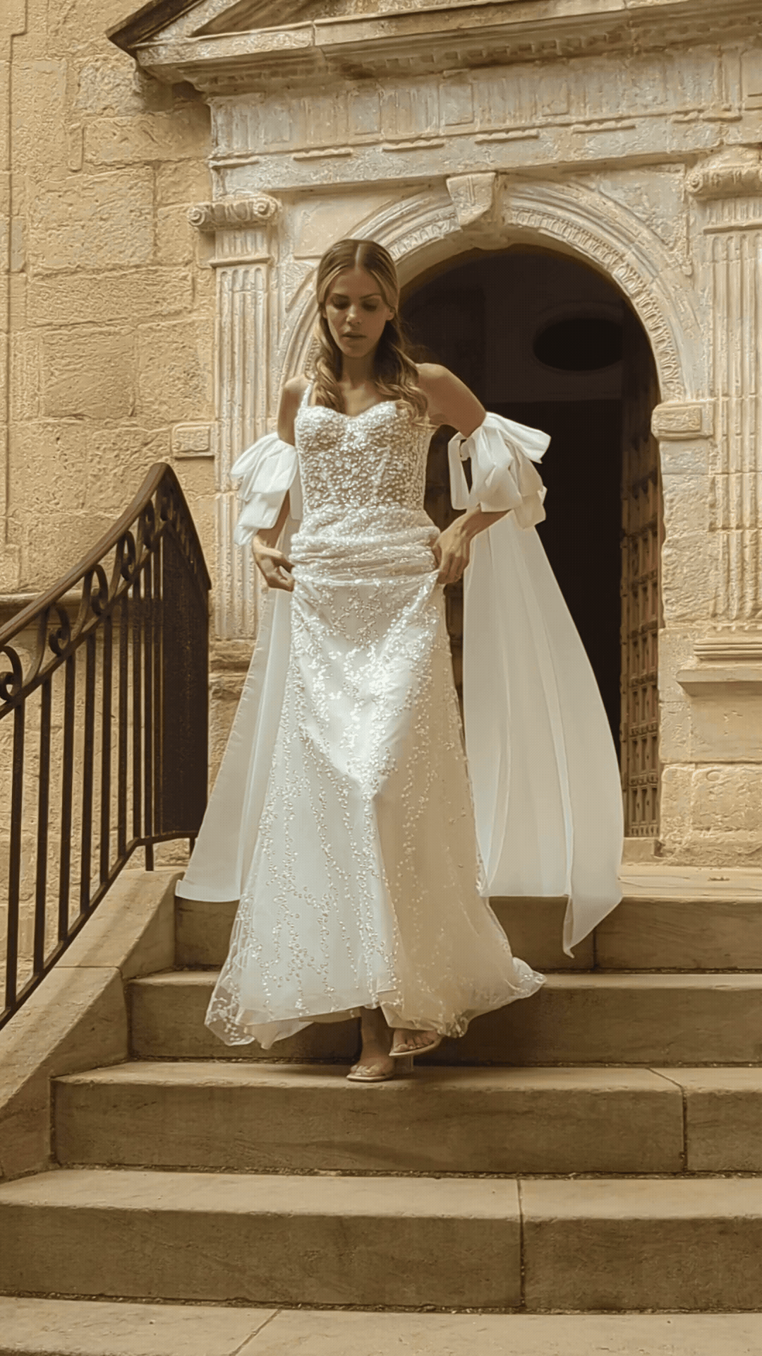 Mariée descendant les marches du château de Dio